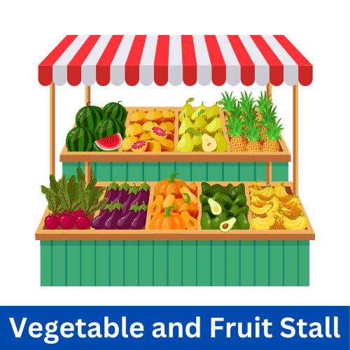 Small Business Ideas in a Village Fresh vegetable and fruit stall in a village market, showcasing locally grown produce.