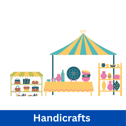 Small Business Ideas in a Village Village artisans creating handicrafts like pottery, fabrics, and wooden ornaments for sale.