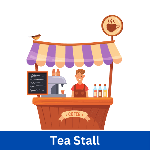 Small Business Ideas in a Village Village tea stall with steaming chai, coffee, and snacks like samosas and pakoras