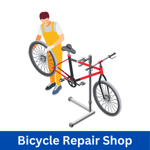 Small Business Ideas in a Village Bicycle repair shop in a rural area, with tools and bike parts for maintenance and repairs.